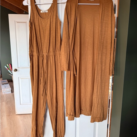Three Bird Nest Pants - Women's Burnt Orange Dress Jumpsuit and Cardigan Set